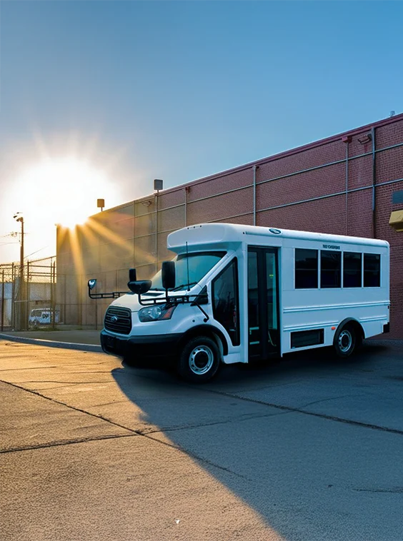 White shuttle bus parked next to a prison near Orlando
